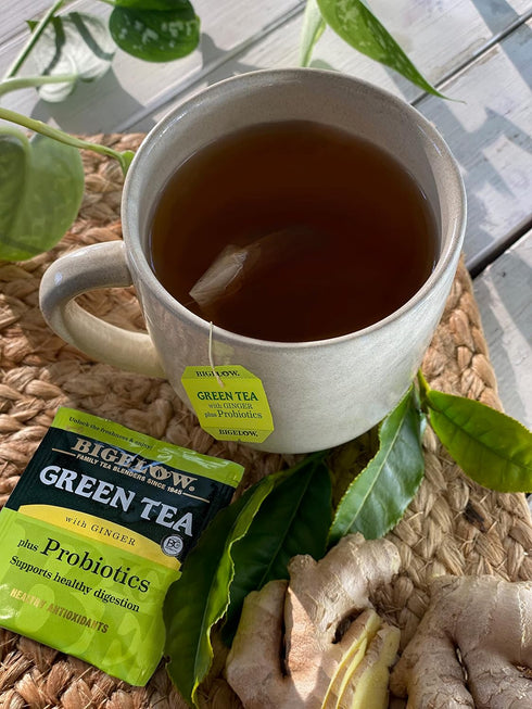 Bigelow Tea Green Tea with Ginger Plus Probiotics, Caffeinated Tea with Ginger, 18 Count Box, (Pack of 6), 108 Total Tea Bags...