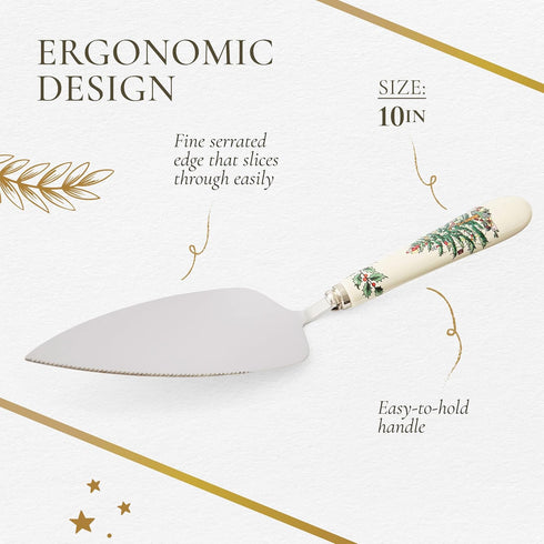 Portmeirion Christmas Tree Cake Server, 10-Inch Stainless Steel Cake Knife with Fine Porcelain Handle, Holiday Dessert Flatware, Festive Christmas...