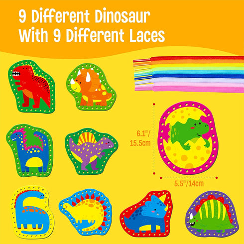 9 Pieces Kids Lacing Cards, Double Sided Sewing Cards in 9 Dinosaurs with 9 Colorful Laces, Imagination Development Lacing Toys Games for Children...