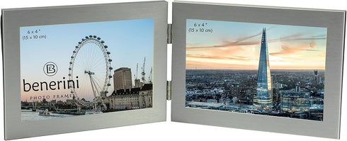 Brushed Aluminium Satin Silver Colour - Twin 2 Picture Horizontal Double Folding Photo Frame - Takes 2 Photos of 6 x 4 inches (15 x 10 cm) (Landsc...