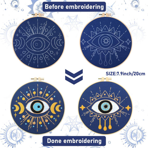 5 Pcs Evil Eye Embroidery Starters Set for Beginners Stamped Cross Stitching Kits for Adults, 5 Embroidery Cloth with Patterns, Hoop, Needles, Thr...