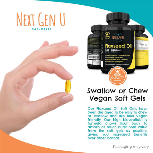 Next Gen U Flaxseed Oil w/Omega 3, 6, 9, Cold Pressed Dietary Health Food Supplement 1000 mg 120 Vegan Softgels...