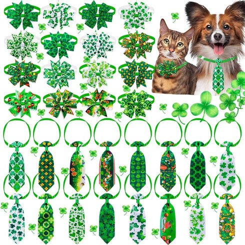 32pcs St. Patrick's Day Dog Collar Bows Ties, Bulk Clover Lucky Pattern Dog Grooming Bowties and Neckties, Adjustable Holiday Green Basic Dog Coll...