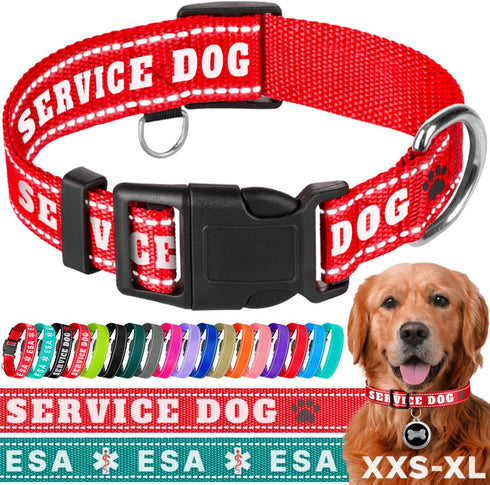 TECEUM Reflective Pet Collar – Red - Service Dog – S – Basic Nylon Dog Collar – Quick Release Buckle – Fits Small, Medium and Large Dogs, Puppies,...