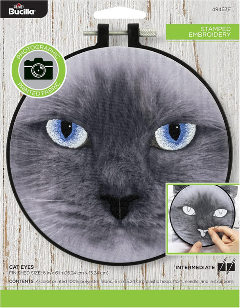 Bucilla Photographic 6" Stamped Embroidery Kit, Cat Eyes, Includes 4-Color Printed Fabric, 6" Hoop, Embroidery Floss, Needle, and Instructions, 49...