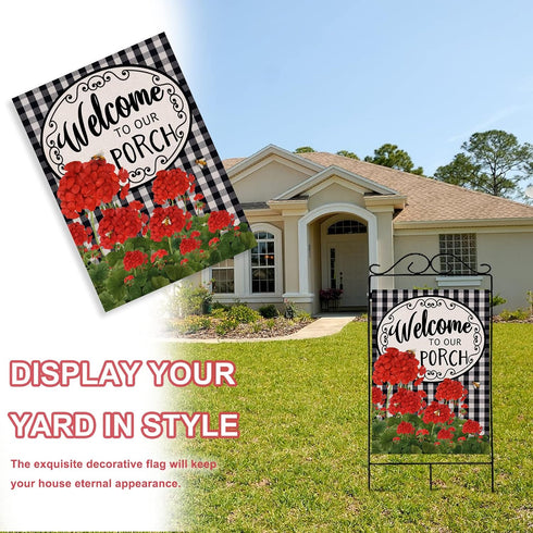 Home Decorative Welcome to Our Porch Geranium Spring Summer House Flag, Flower Black White Buffalo Plaid Check Garden Yard Outside Decoration, Fal...