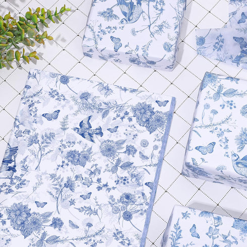 Whaline 100 Sheet Blue Floral Tissue Paper Chinoiserie Gift Wrapping Paper Blue Bird Butterfly Packaging Paper DIY Art Craft Paper for Baby Shower...