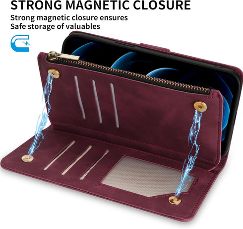 ZZXX for iPhone 12 Pro Max Wallet Case with Card Slot Premium Soft PU Leather Zipper Flip Folio Wallet with Wrist Strap Kickstand Protective for i...