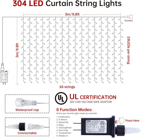 HEYFUNi 304 LED Curtain Lights Outdoor, 9.8Ft*9.8Ft Hanging String Lights Plug in with 8 Modes, Connectable Curtain Fairy Lights for Bedroom, Dorm...