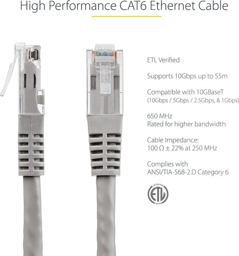 StarTech.com 1ft CAT6 Ethernet Cable - Gray CAT 6 Gigabit Ethernet Wire -650MHz 100W PoE++ RJ45 UTP Molded Category 6 Network/Patch Cord w/Strain ...