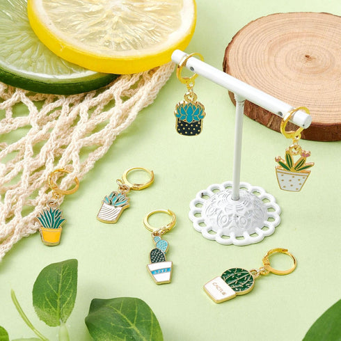 Stiesy Pot Plant Theme Stitch Markers with Brass Leverback Clasps Enamel Cactus Locking Crochet Stitch Marker Charms DIY Handmade Gift for Weaving...