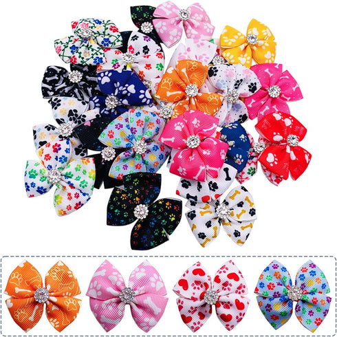 PET SHOW 50Pcs/25Pairs Paw Pattern Small Dog Hair Bows Bulk with Rubber Bands for Medium Dogs Cats Puppy shih tzu Rhinestone Bowknot Topknot Yorki...