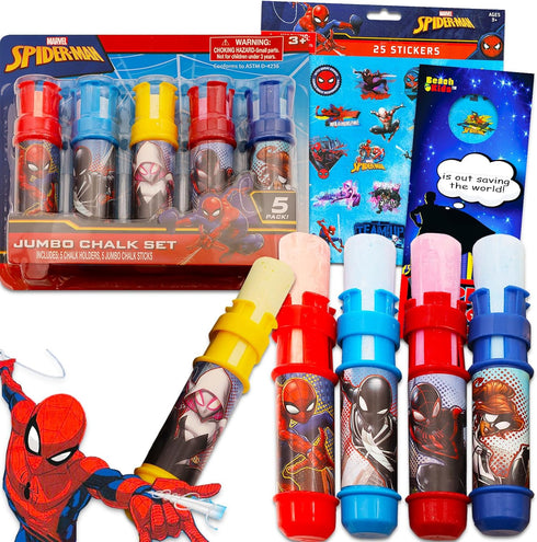 Spiderman Sidewalk Chalk Set for Kids - Bundle with 5 Spiderman Jumbo Chalk Sticks with Chalk Holders Plus Stickers, More | Spiderman Outdoor Toys...