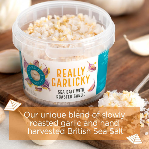 Cornish Sea Salt Really Garlicky Seasoning | Sea Salt Flakes w. Roasted Garlic | Hand-Harvested in Cornwall, England | 1.9 oz Resealable Tub (Pack...