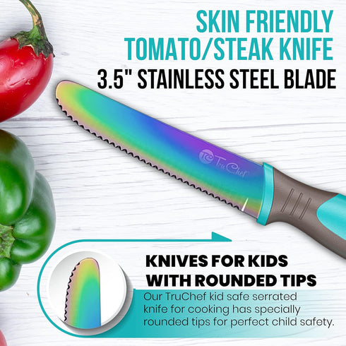 Kids Tomato Steak Knife Set for Real Cooking (Aqua) - 2pcs - Skin Friendly Serrated Edge Stainless Steel Lightweight - Safe for Children & Beginne...