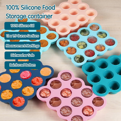 Baby Food Storage Container -12 x 1.5OZ Silicone Baby Food Freezer Tray with Silicone Lid, Perfect Food Container for Homemade Baby Food, Vegetabl...
