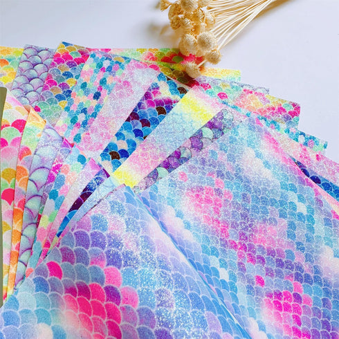 Shalun Mermaid Faux Leather Glitter PU Canvas Sheets for Kids DIY Crafting 8x12inch Shiny Colorful Fish Scale Printed Quilt Sewing Applique Embroi...