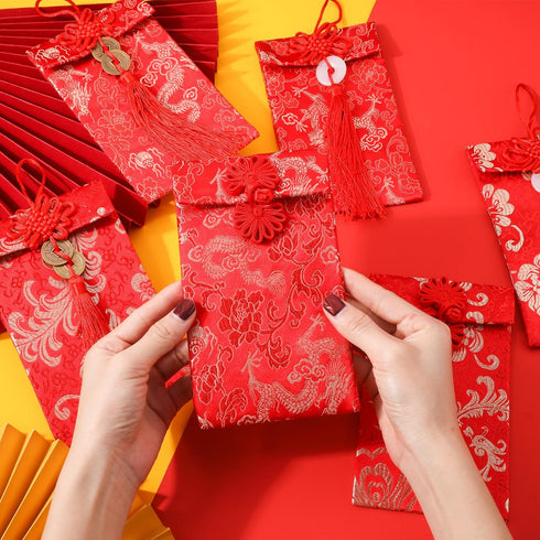 6pcs Silk Red Envelopes Chinese, Silk Hong Bao Chinese New Year Red Lucky Money Envelope with Traditional Patterns & Pendants Red Pocket for Sprin...