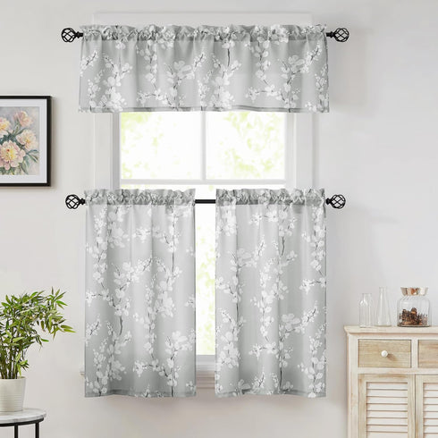 FMFUNCTEX Gray White Bathroom Tier Curtains for Kitchen 36 Inches Long Floral Printed Half Window Panels for Living Room Café Basement Rustic Curt...