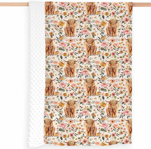 Highland Cow Boho Floral Baby Blanket Unisex, Soft Newborn Minky Blankets with Double Layer Dotted Backing, Farmhouse Themed Receiving Blankets, T...