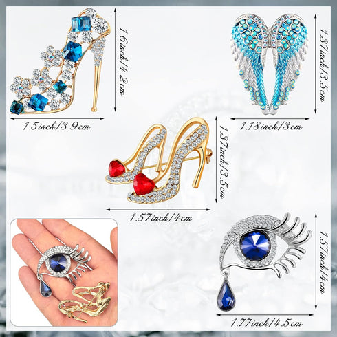 4 Pieces Brooches Pins for Women Rhinestone High Heel Crystal Brooches Princess Shoes Angel Wing Tear for Women Brides Gifts Party Favors Mom's Pr...