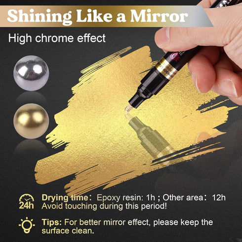 LET'S RESIN 6Pcs Mirror Chrome Markers,3 Sizes Shiny Chrome Paint Pen with Large Barrel, Quick Dry Oil-based Silver & Gold Markers for Metal, Resi...