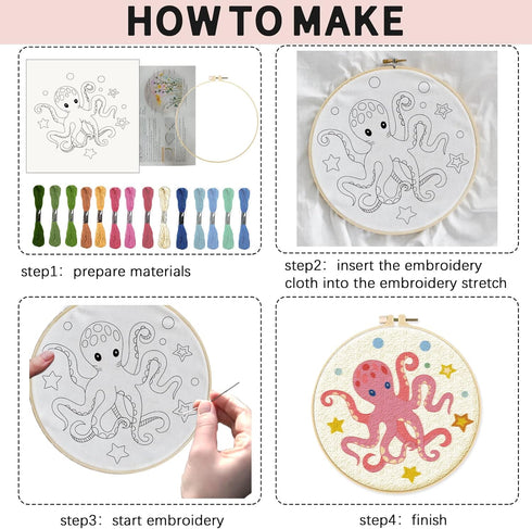 INFUNLY 4 Sets Embroidery Kit for Beginners with Sea Animals Pattern DIY Embroidery Kit for Adults Ocean Embroidery Art Kit Turtles/Seahorses/Octo...