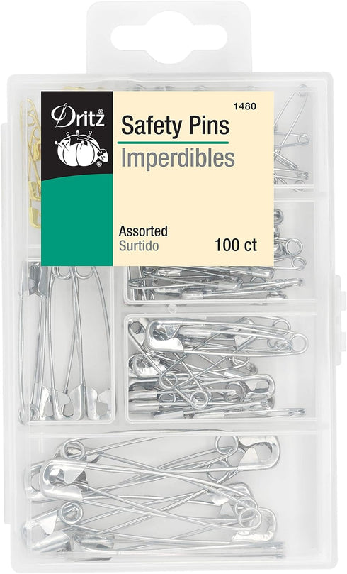 Dritz 1480 Safety Pins with Storage Box, Nickel plated Steel & Brass, Assorted Sizes (100-Count)...