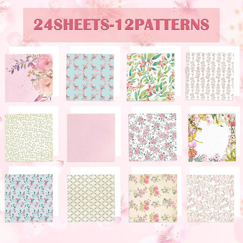 12 * 12 Inches Cardstock Paper Pad, Garden Pink Floral Design Cardmaking Themed 24 Sheets Scrapbook Decorative Paper for Junk Journal, Decoupage a...