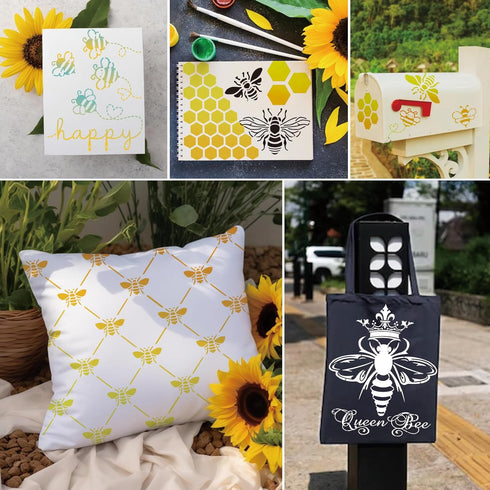 Bee Stencils for Painting on Wood Crafts Reusable A4 Honey Bee Honeycomb Stencil Art Paint on Wall Canvas Pattern Sunflower Paint Stencils for Car...