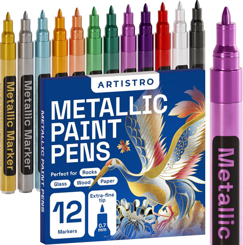ARTISTRO Metallic Paint Pens for Rock Painting, Stone, Ceramic, Glass, Wood, Fabric, Pebbles, Scrapbook Journals, Photo Albums, Card Stocks. Set o...