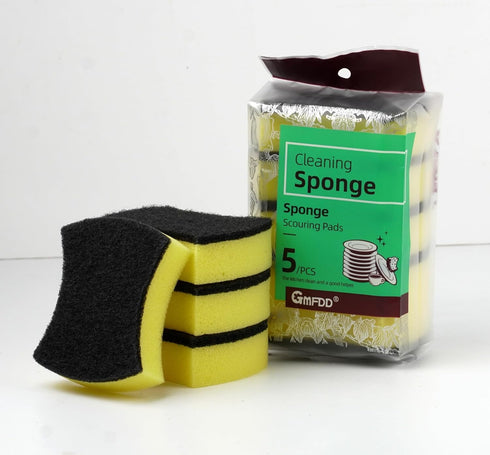 Dish Scrubbing Sponges with Black Scouring Pad, Pack of 5, Double-Sided Material, Double Side Effect, Polyester and Sponge, Yellow/Black...