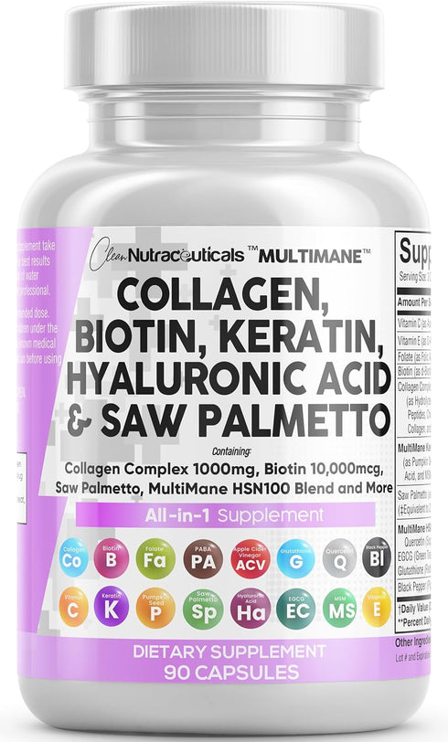 Collagen Pills 1000mg Biotin 10000mcg Keratin Saw Palmetto 2500mg Hyaluronic Acid - Hair Skin and Nails Vitamins and DHT Blocker with Vitamin E Fo...