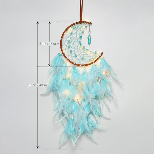 Dremisland Moon Dream Catcher with Fairy Lights-Handmade Feather Lucky Turquoise Pendant Beads Wall Hanging Ornament for kids Bedroom Home Decorat...