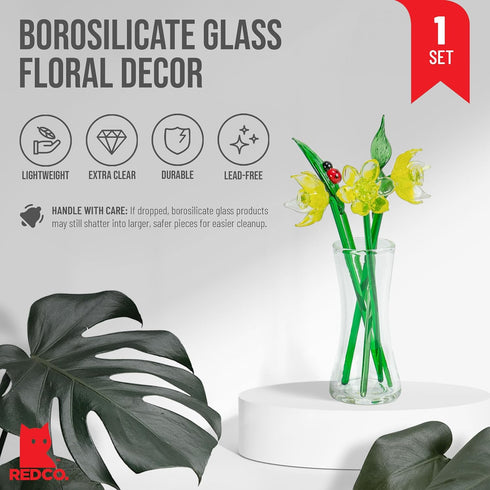 Red Co. Decorative Glass Lovely Flower Bouquet with Vase, Gift Boxed – Yellow Daffodils...