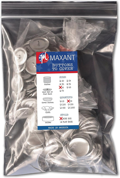 50 Cover Buttons by Maxant, 45 (1 1/8") with wire eye backs, ideal for sewing. NO TOOL...