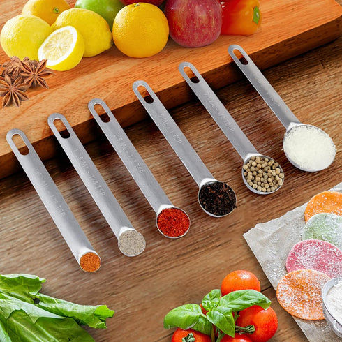 Upgrade Stainless Steel Measuring Spoons Set, Small Tablespoon, Teaspoons, Set 6 with Bonus Leveler, Etched Markings and Removable Clasp for Dry a...