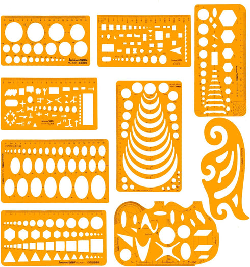 KESAPLAN 9 PCS Geometric Drawings Templates, Drafting Stencils Measuring Tools, Plastic Clear Orange Multi-Function Measuring Rulers with French C...