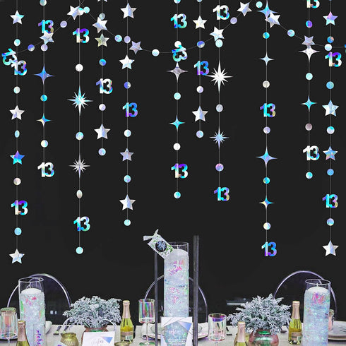 Iridescent 13th Birthday Decorations Number 13 Circle Dot Twinkle Star Garland Metallic Hanging Streamer Bunting Banner Backdrop Girls 13 Year Old...