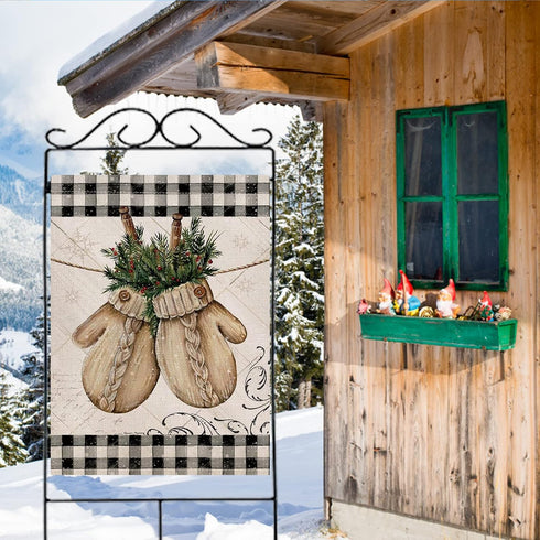 Winter Gloves Home Decorative House Flag Buffalo Plaid Check Farmhouse Garden Yard Outdoor Large Burlap Flag Sign Christmas Outside Decoration Xma...