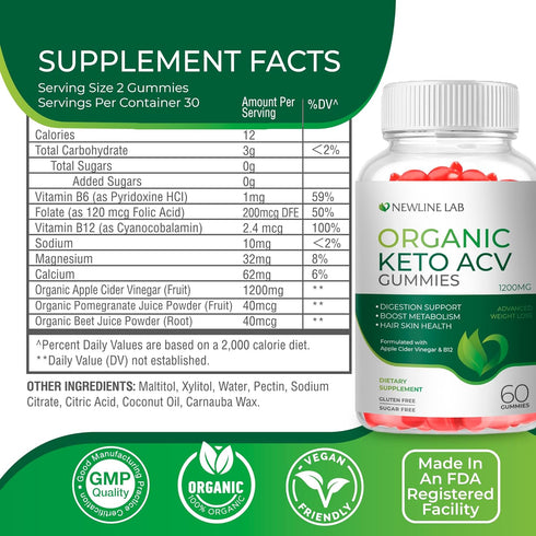 Organic Keto ACV Gummies - Sugar-Free Gluten-Free Apple Cider Vinegar Supplement for Women Men - B12 Vegan & Non-GMO (1200mg)...