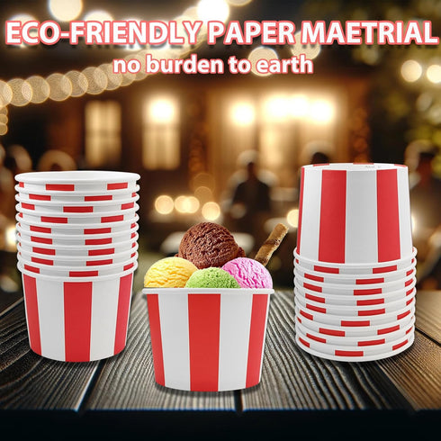 50 Pcs Red White Striped Ice Cream Cups Disposable Paper Snack Bowls 9oz Circus Carnival Paper Dessert Containers For Hot Or Cold Soup Yogurt Chri...
