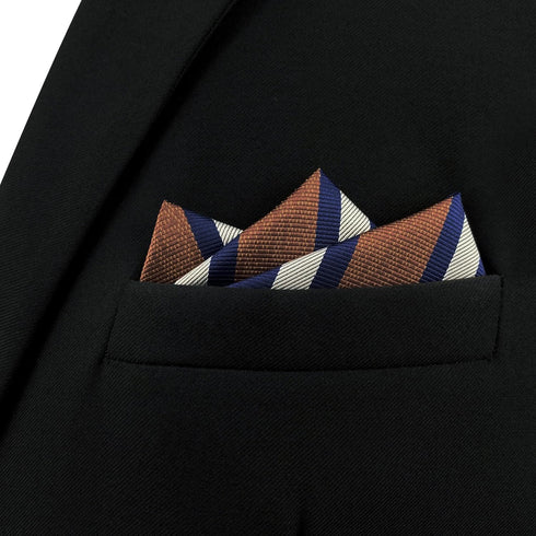 S&W SHLAX&WING Striped Pocket Square for Men Navy Blue with White Brown Stripes Business...