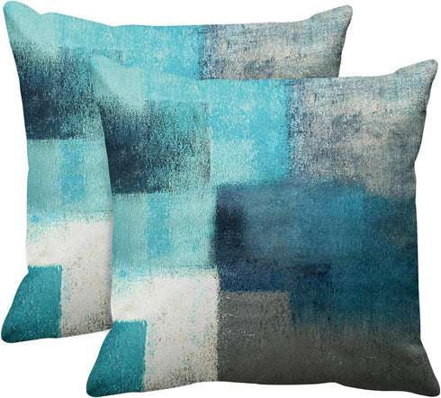 Emvency Set of 2 Teal Throw Pillow Covers Modern Abstract Painting Turquoise White and Gray Decorative Pillow Cases Home Decor Standard Square 18x...
