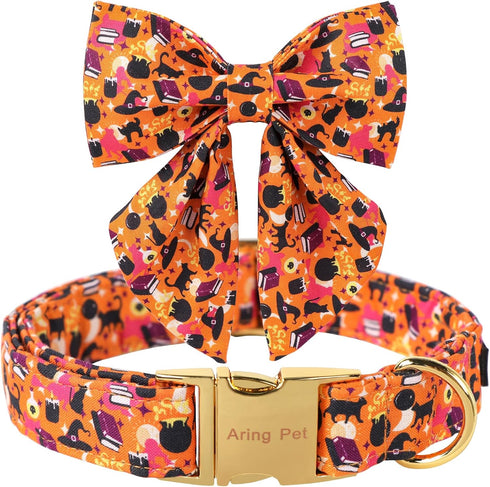 ARING PET Halloween Dog Collar, Cute Orange Dog Collar with Sailor Bowtie, Adjustable Cotton Halloween Pet Collars with Metal Buckle...