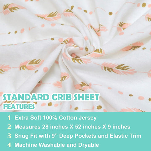TL Care Fitted Crib Sheet 28" x 52", Soft Breathable Neutral 100% Cotton Jersey Sheet, Gold and Pink Feather, for Boys and Girls, Fits Crib and To...