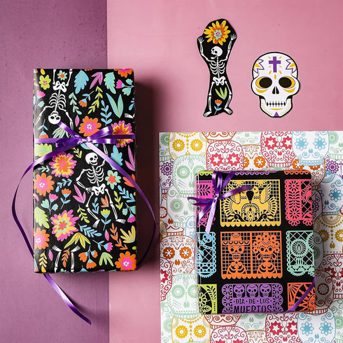 LeZakaa Holiday Wrapping Paper Sheet - 12 Sheet with 4 Different Design - Skull/Skeleton/Floral Print for Day of the Dead, Halloween - 27.5 x 19.6...