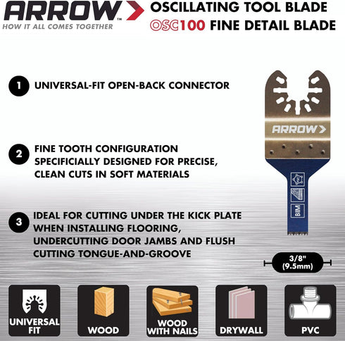 Arrow OSC100-1 Fine Detail Blade for Use with Oscillating Tools, Cuts Wood, Wood with Nails, PVC, Drywall, 3/8 Inch, 1-Piece...