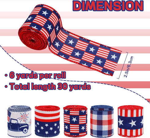 30 Yards Patriotic Wired Edge Ribbon American Flag Stars Stripes Truck Craft Ribbon 4th of July Fabric Ribbon for Independence Day Memorial Day Wr...