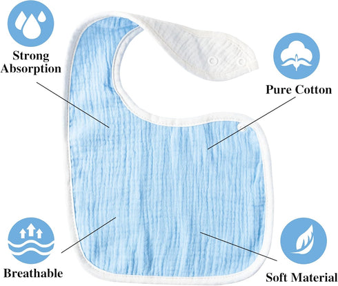Zainpe 6Pcs Snap Muslin Cotton Baby Bibs for Boys Girls Blue Green Feeding Bib Adjustable Neutral Gray Burp Cloths with 6 Absorbent Soft Layers fo...